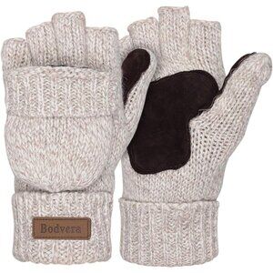 Women's Beige Thermal Wool Winter Warm Fingerless Knitted Mittens Flap Gloves